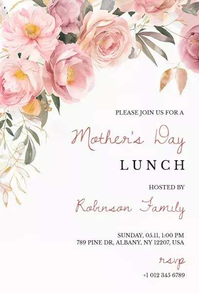 mother’s day invitation template in romantic watercolor rose lunch style