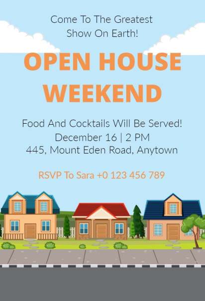 Colorful neighborhood-themed Open House invitation template