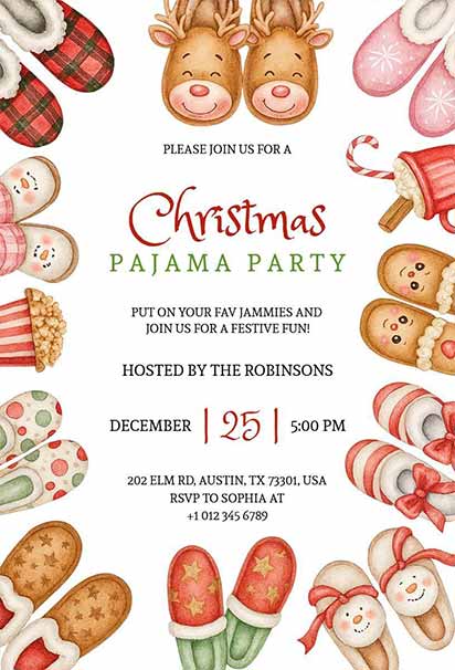 Aesthetic Christmas Pajama Party Invitation With Cute Slippers And Festive Treats