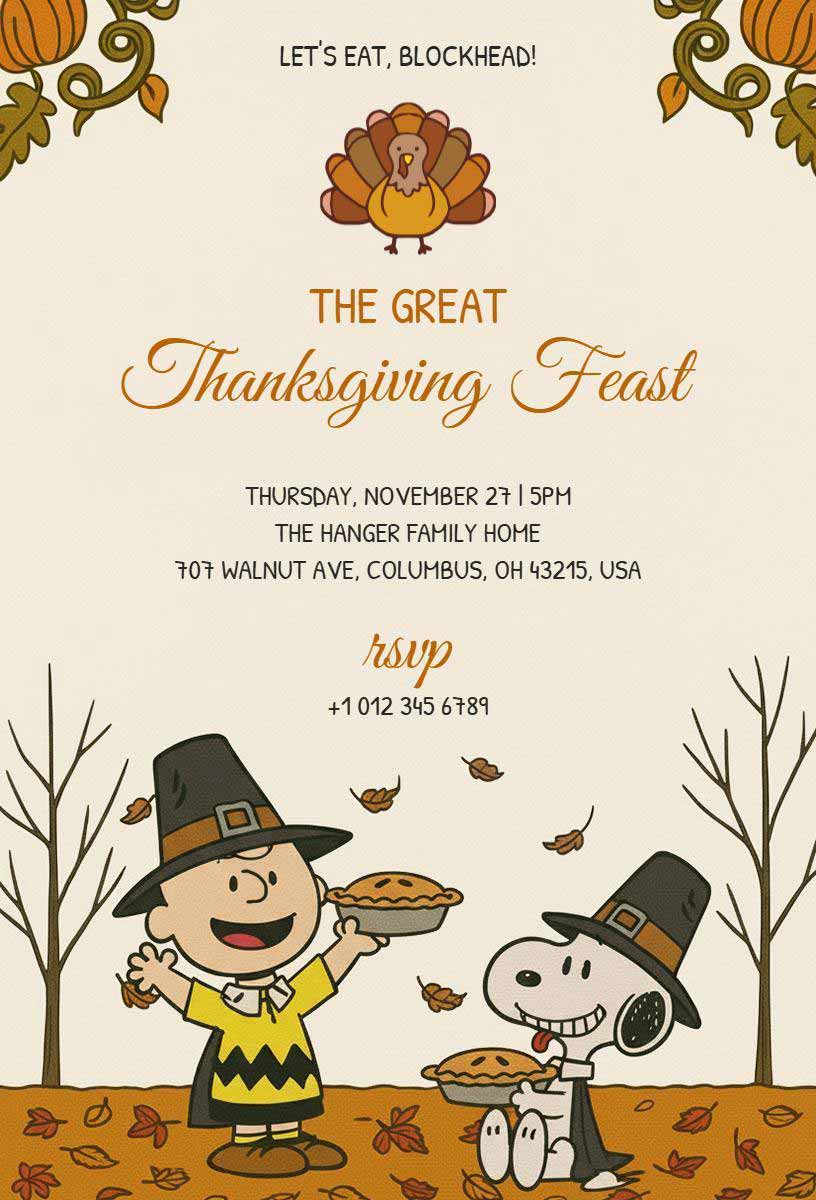 Download Charlie Brown Thanksgiving Invitation Template 2025, image size:816x1200