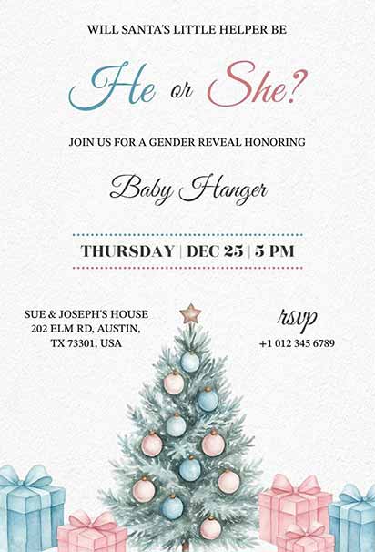 Christmas-Themed Gender Reveal Invitation With Festive Holiday Elements