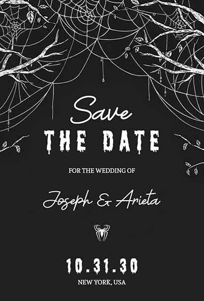 Dark Halloween Wedding Save The Date Invitation Featuring Gothic Romantic Elements