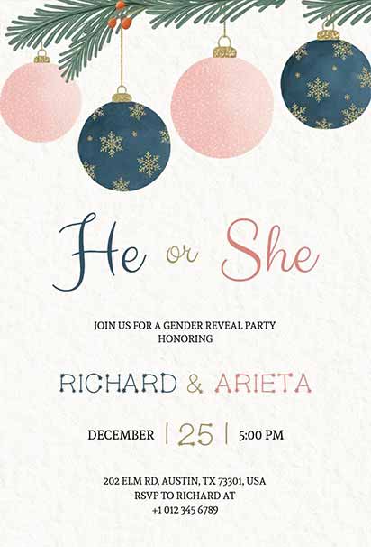 Elegant Christmas Ornament Gender Reveal Invitation With Gold and Red Holiday Accents