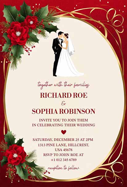 Elegant Red And Gold Christmas Wedding Invitation With Luxurious Floral Accents And Classic Typography