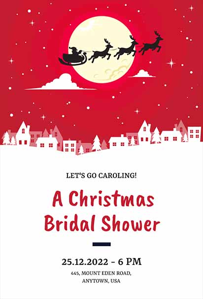 Festive Santa Sleigh Christmas Bridal Shower Invitation With Joyful Holiday Illustrations And Red-Gold Accents