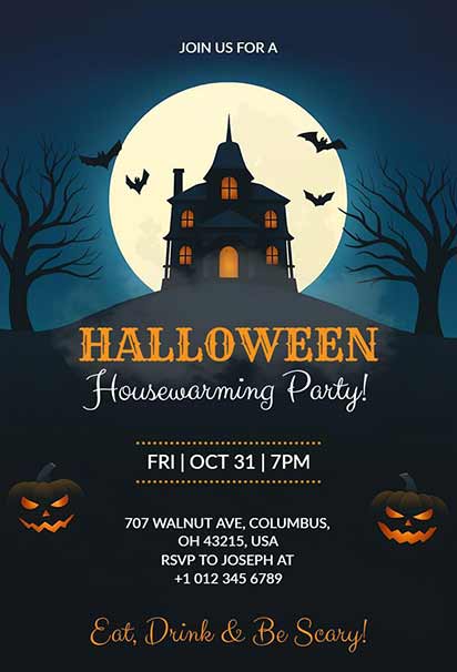 Full Moon Haunted Housewarming Halloween Invitation Featuring Creepy Nighttime Elements