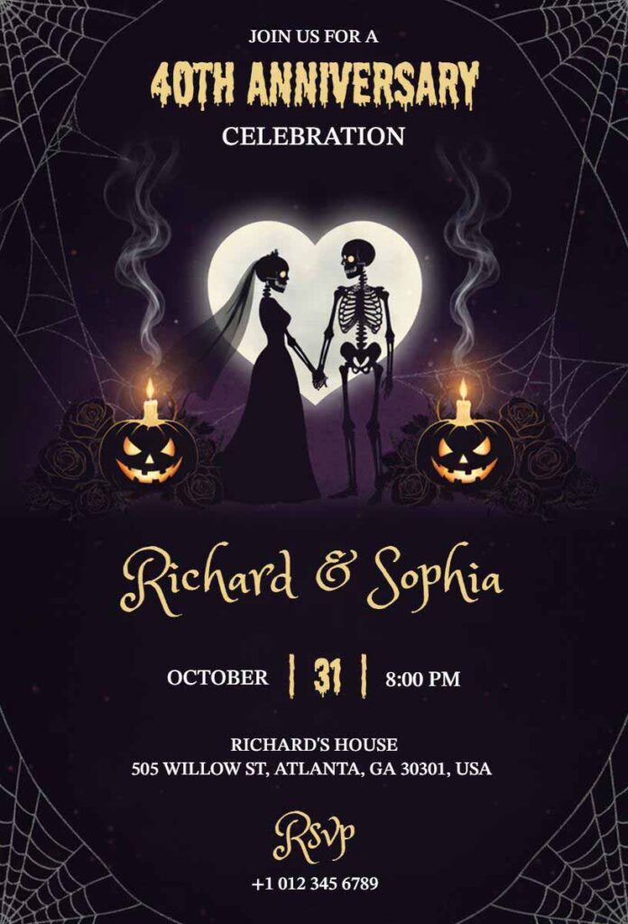 Printable 40th anniversary invitation with spooky romantic theme showing skeleton couple holding hands, flickering candles in carved pumpkins, and elegant gold typography on dark background perfect for Halloween anniversary parties.