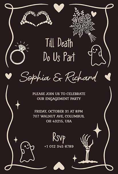 Gothic Halloween Engagement Party Invitation Featuring Dark Elegant Details