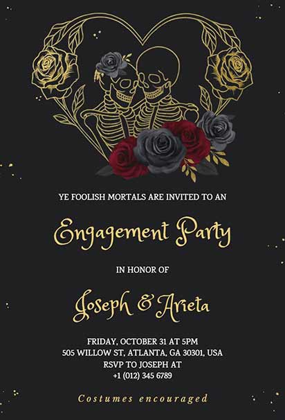 Gothic Skeleton Engagement Party Invitation Featuring Dark Elegance and Spooky