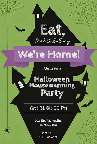 Green Purple Haunted House Halloween Housewarming Invitation Featuring Creepy Festive Accents