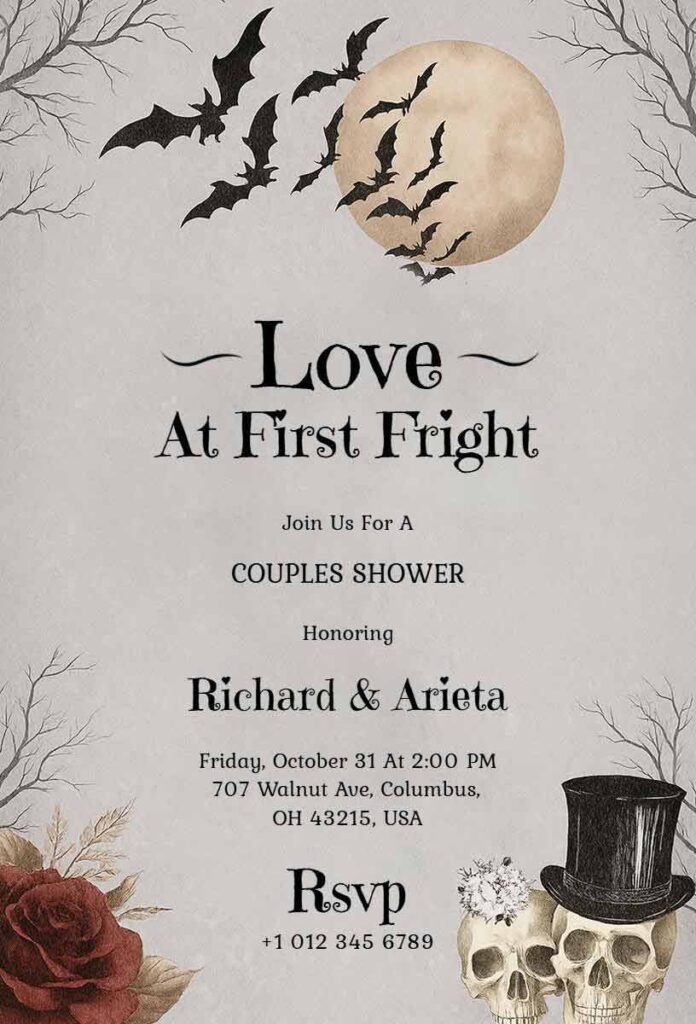 Printable Halloween themed couples shower invitation displaying 'Love At First Fright' tagline with customizable date, time, and RSVP details for October pre-wedding parties.