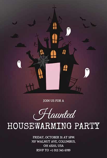 Halloween Housewarming Invitation Featuring Ghosts and Bats With Festive Spooky Accents