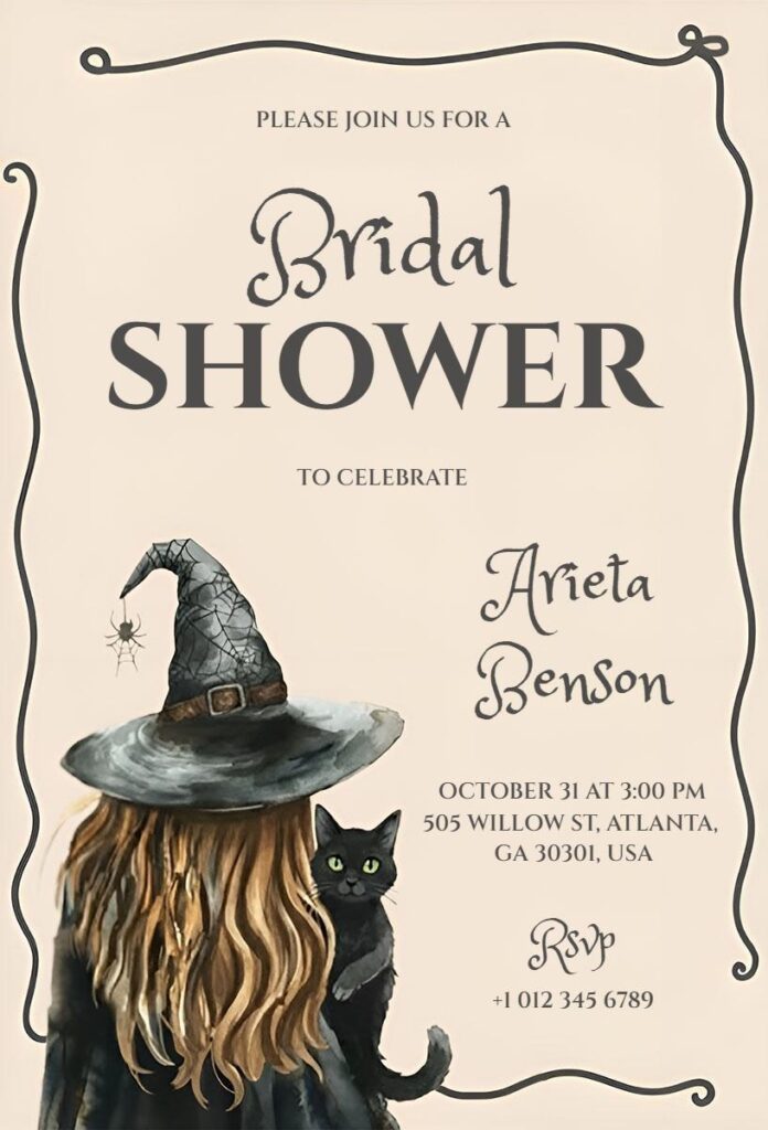 Halloween Bridal Shower Invitation Template in a stylish, "Spooky-Chic" design, appealing and perfect for a classy, fun Halloween party.
