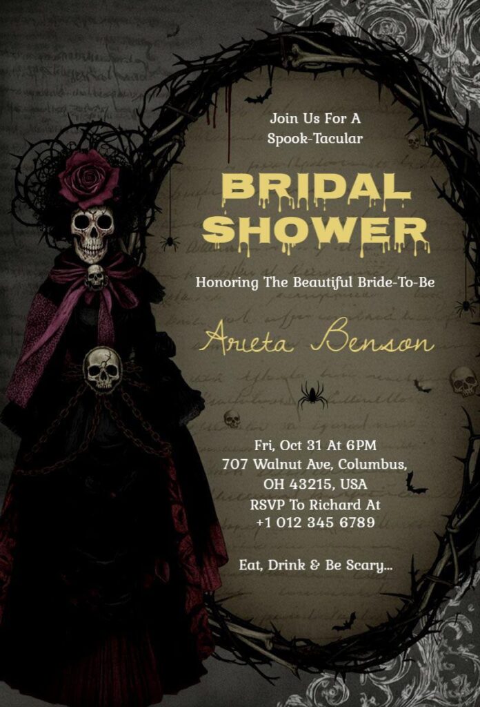 Halloween Bridal Shower Invitation Template with dark gothic skeleton bride in thorny frame