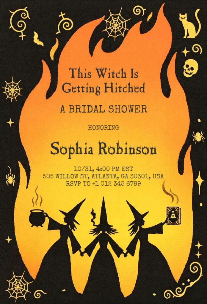 Halloween Bridal Shower Invitation Template with an intensely dark, elegant, and romantic design, featuring a strong gothic aesthetic.
