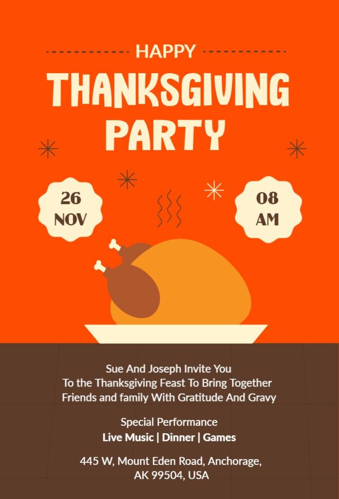 Invitation to a Thanksgiving Party featuring a festive feast, live music, and games at a cozy venue in Anchorage.