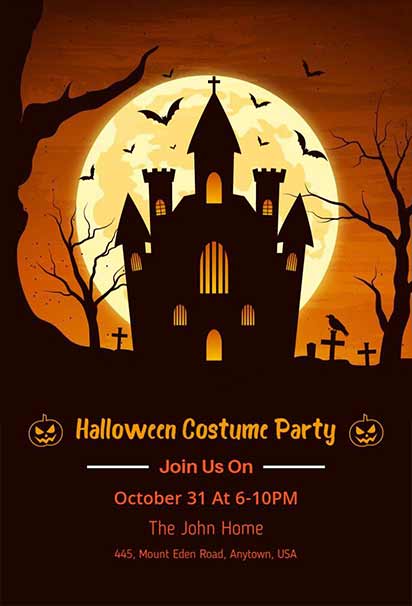 Haunted Castle Halloween Costume Party Invitation Featuring Dark Spooky Elements