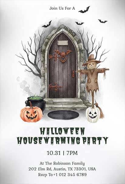 Haunted Doorstep Housewarming Invitation Featuring Spooky Decorative Elements