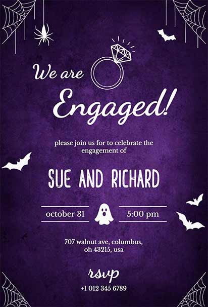Haunted Halloween Engagement Invitation Featuring Bold Purple Accents and Eerie Details