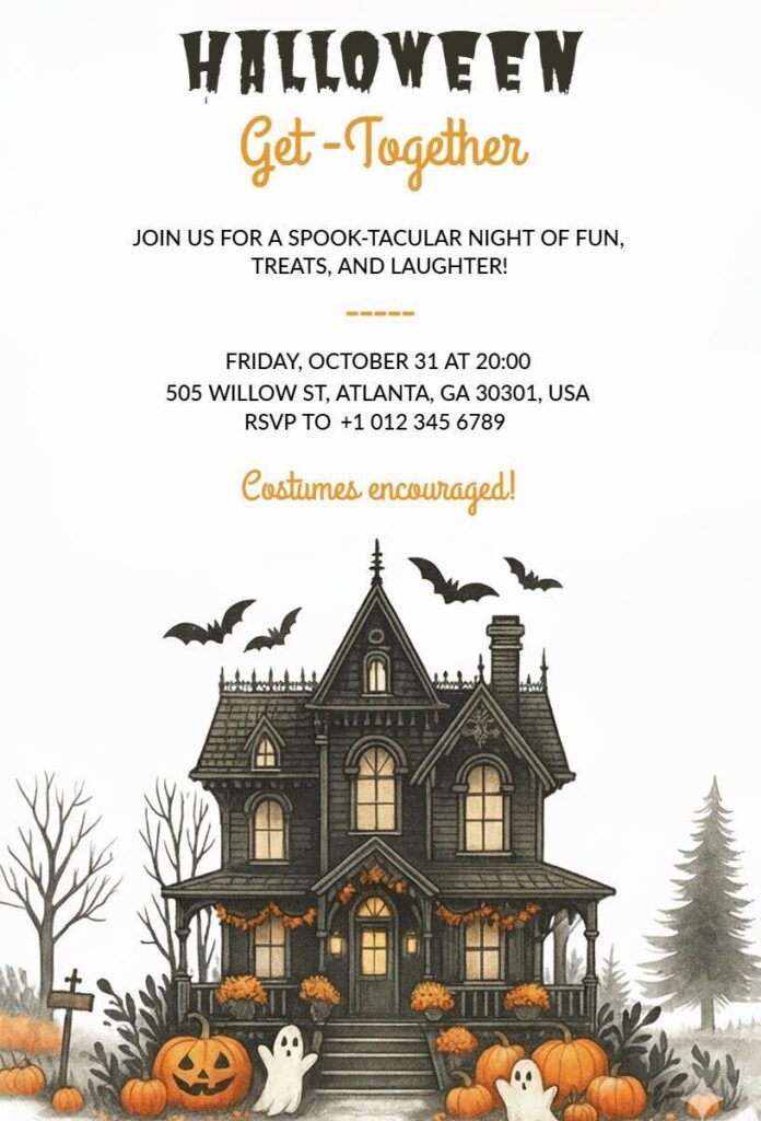 Halloween get-together invitation template with a spooky haunted house, pumpkins, ghosts, bats, and tombstones.
