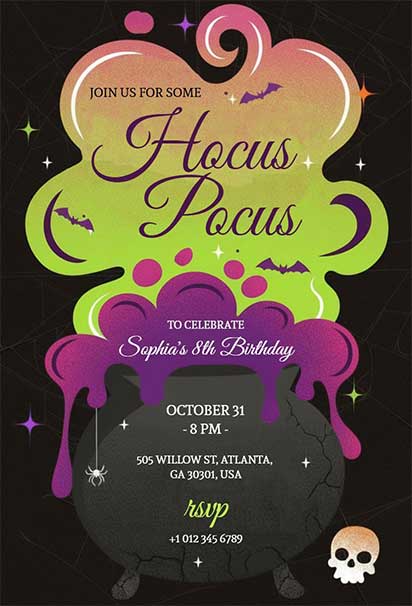Hocus Pocus Cauldron Birthday Invitation Featuring Magical Halloween Elements