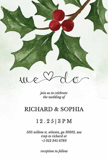 Holly Berry Christmas Wedding Invitation With Elegant Red And Green Festive Accents