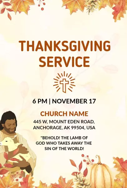 Christian Thanksgiving Invitation Template featuring a cross and autumn leaves for a church service.