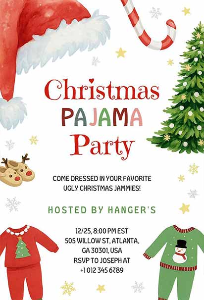 Joyful Red And Green Christmas Pajama Party Invitation With Festive Holiday Decorations