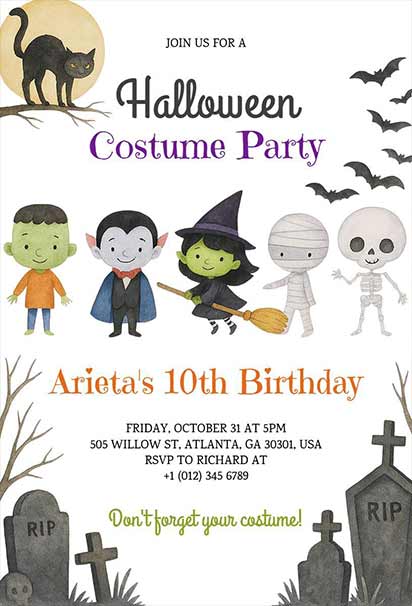 Kids Halloween Birthday Costume Party Invitation Featuring Fun Playful Elements