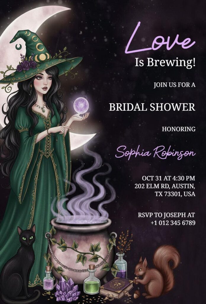 Halloween Bridal Shower Invitation Template with a mystical witch, glowing moon, potion cauldron, and black cat on a dark, starry background.