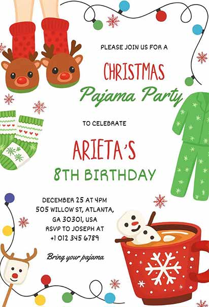 Playful Christmas Pajama Birthday Invitation With Festive Illustrations And Cheerful Holiday Theme