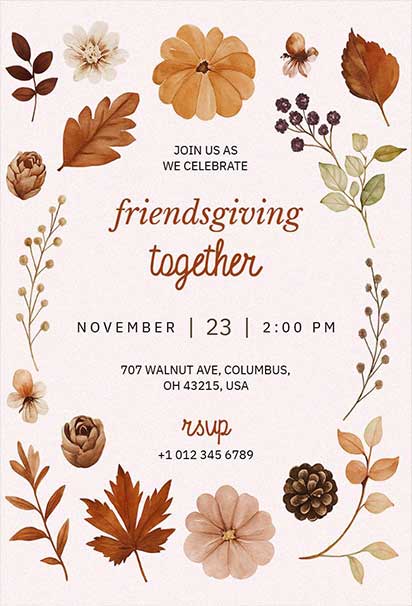 Rustic Autumn Botanical Friendsgiving Invitation Featuring Cozy Natural Accents