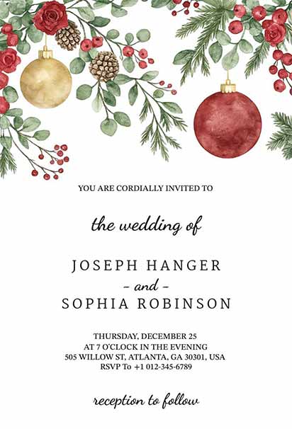Rustic Christmas Ornament Wedding Invitation With Wooden Texture And Festive Holiday Decor