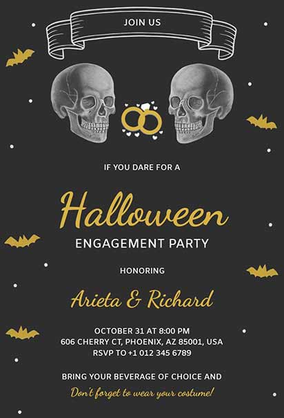 Skull and Bats Halloween Engagement Party Invitation Featuring Dark Spooky Accents
