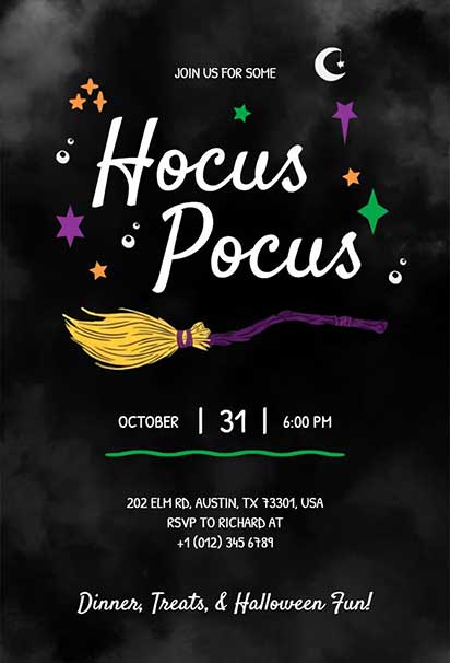 Smoky Modern Hocus Pocus Halloween Party Invitation Featuring Sleek Magical Accents