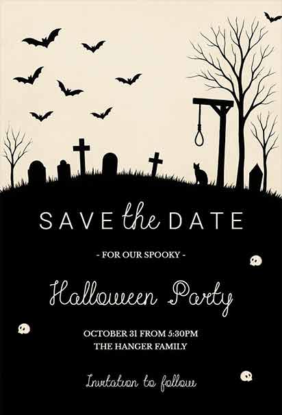 Spooky Graveyard Halloween Save The Date Party Invitation Featuring Eerie Haunted Elements