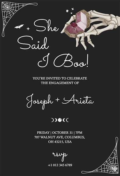 Spooky Halloween Engagement Party Invitation Featuring Creepy Romantic Elements