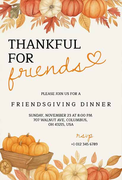 Thankful Friendsgiving Dinner Invitation Featuring Cozy Autumn Accents