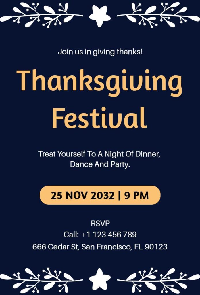 Navy Thanksgiving invitation with yellow and white text for dinner, dance, and party
