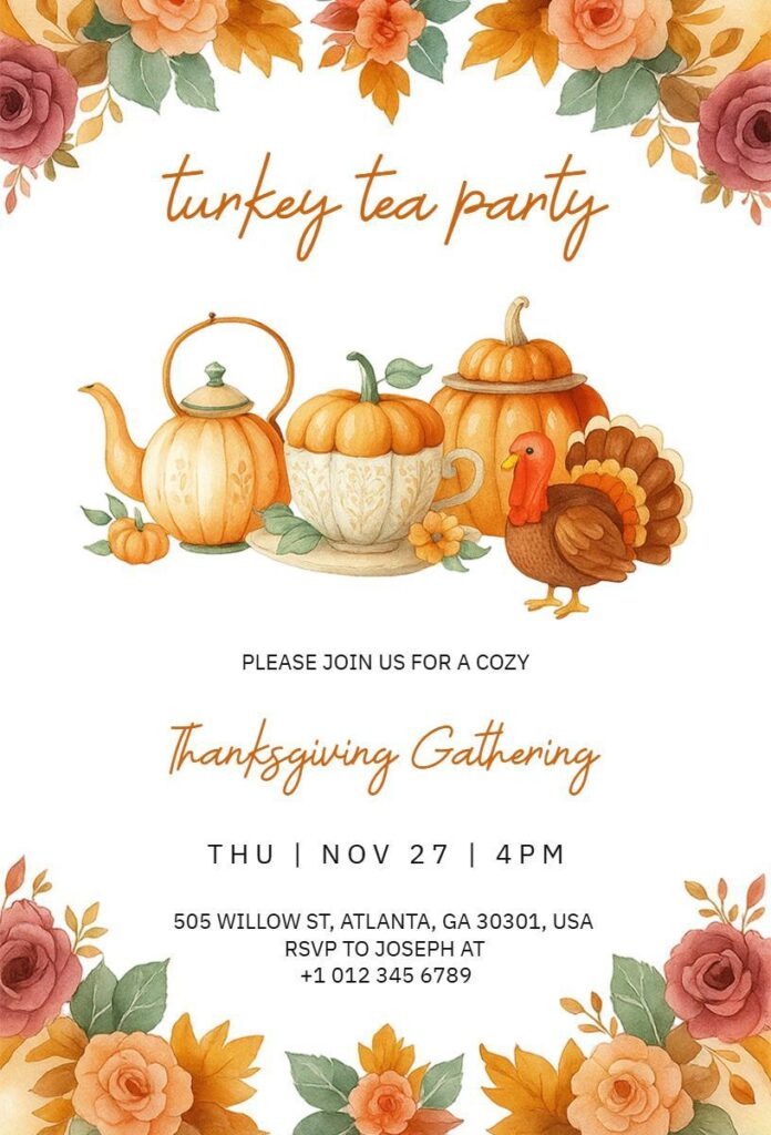 Whimsical Turkey Tea Party Invitation. Features a cartoon turkey, pumpkin teapots, and watercolor autumn roses for a festive Thanksgiving gathering.