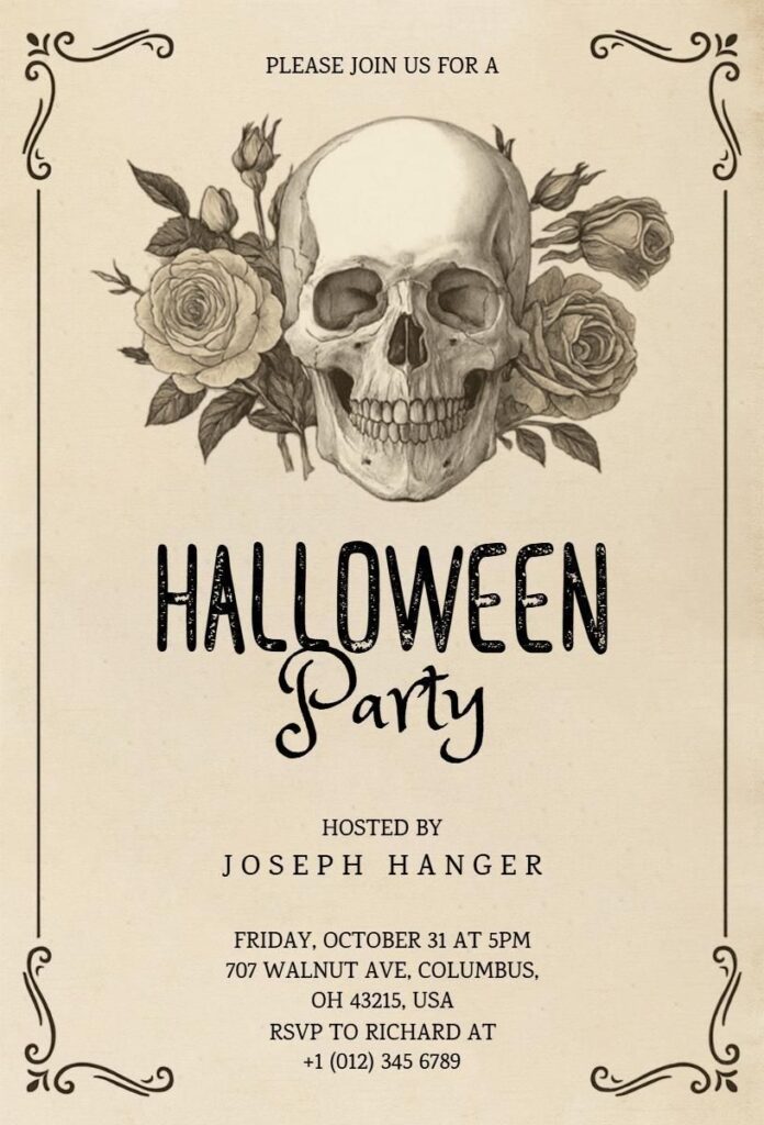 
Vintage Halloween invitation template featuring a detailed black and white illustration of a human skull surrounded by blooming roses on an aged, parchment background.