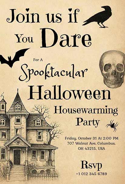 Vintage Beige Black Spooky Halloween Housewarming Invitation Featuring Classic Haunted Elements