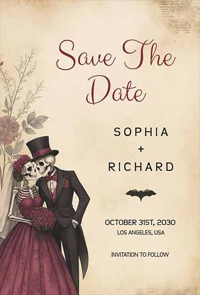Vintage Burgundy Gothic Skeleton Save The Date Invitation Featuring Dark Elegant Details