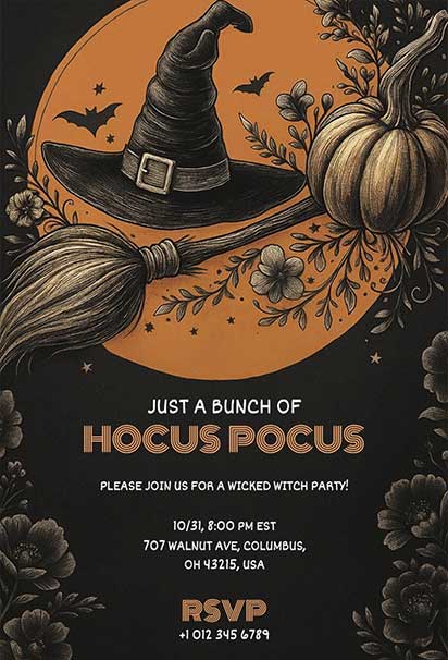 Vintage Engraved Hocus Pocus Witch Party Invitation Featuring Detailed Magical Design