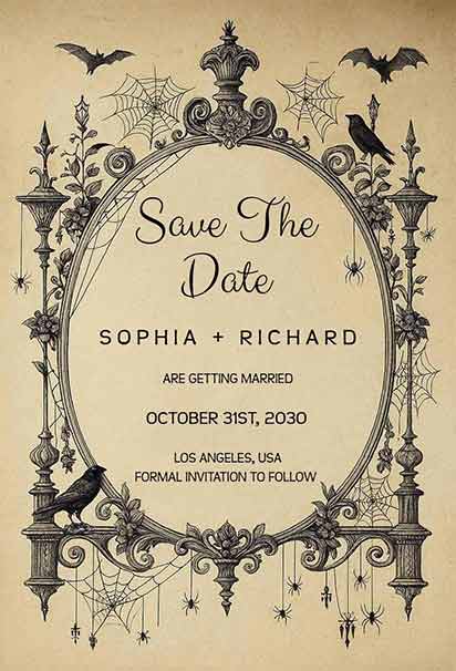 Vintage Gothic Frame Haunted Halloween Save The Date Invitation Featuring Creepy Ornamental Details