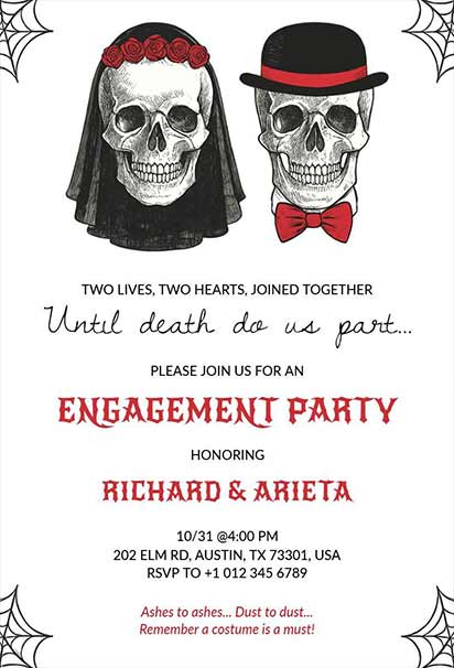 Vintage Halloween Engagement Party Invitation Featuring Skull Couple Illustration and Classic Gothic Style