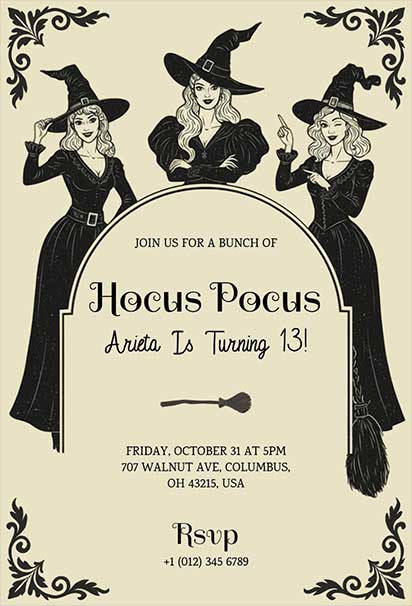 Vintage Witch Hocus Pocus Birthday Invitation Featuring Magical Retro Accents