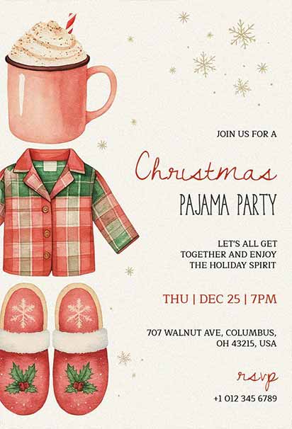 Warm Red And Green Christmas Pajama Party Invitation Featuring Cozy Winter Elements And Festive Holiday Charm