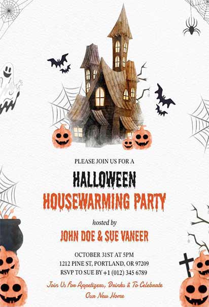 Watercolor Halloween Housewarming Party Invitation Featuring Artistic Spooky Elements