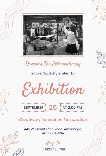 Creative exhibition invitation template with black-and-white photography and coral accents